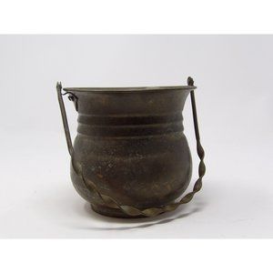 Vintage Primitive Brass Pot with Twisted Handle 10" H x 5" Top Diameter x 3 1/4"